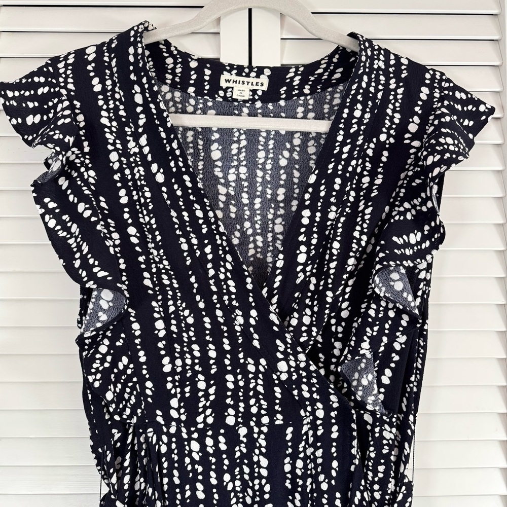Whistles Savannah Print Wrap Dress Abstract Polka Dots Navy White Costal Size 10 - Picture 4 of 15